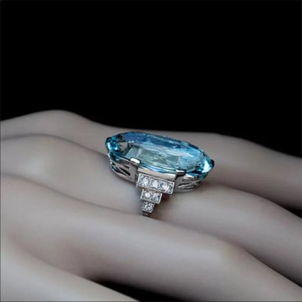 New Light Sky Blue Ring Solitaire Band Oval Stone - Picture 4 of 4